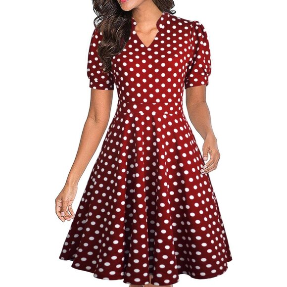 Women Wine Polka Short Puff Sleeve Flare Semi-Formal Summer Dress With Pockets - Picture 1 of 1